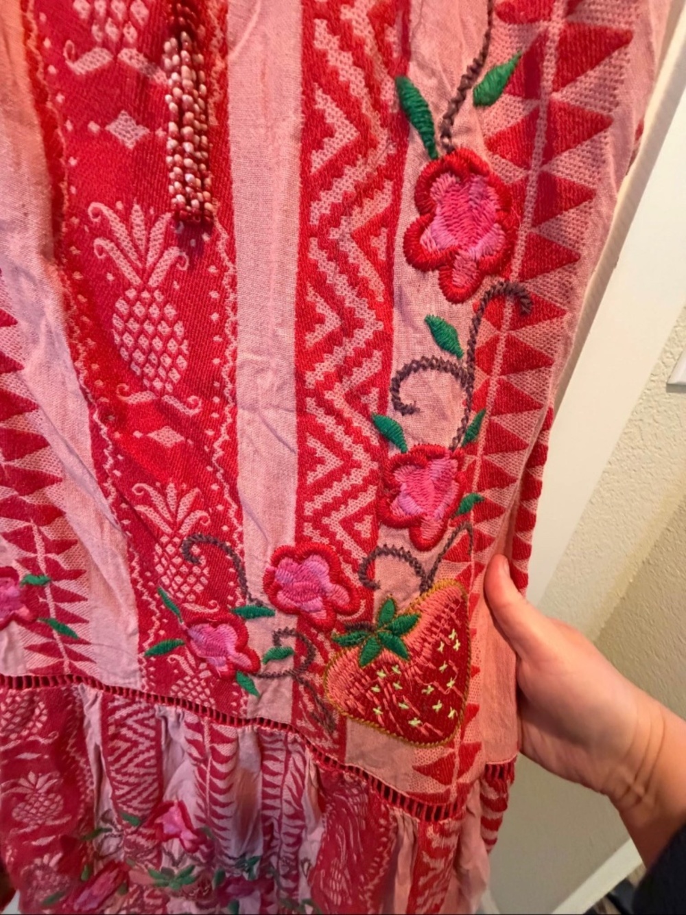 Boho Embroidered Maxi Dress in Red and Pink